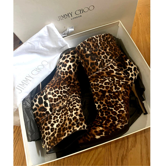 Jimmy Choo 8.5 Calf Hair ALANIS Platform Ankle Boots Leopard Print Stiletto Heel - Picture 5 of 9